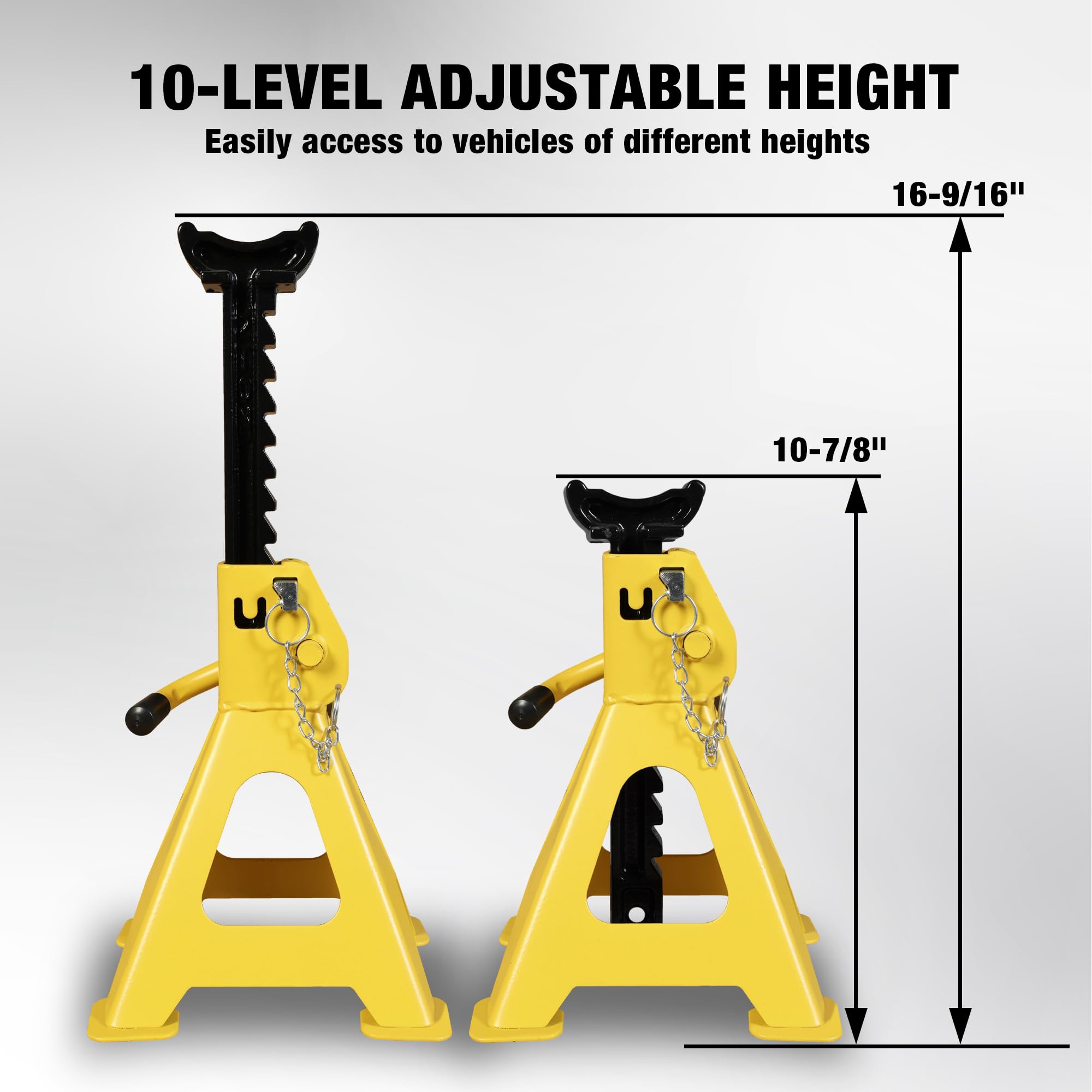 Yellow Jacket jack stands with safety pins and locking handle.