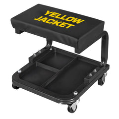 Yellow Jacket mechanic rolling stool with 250 lb capacity in a busy garage.
