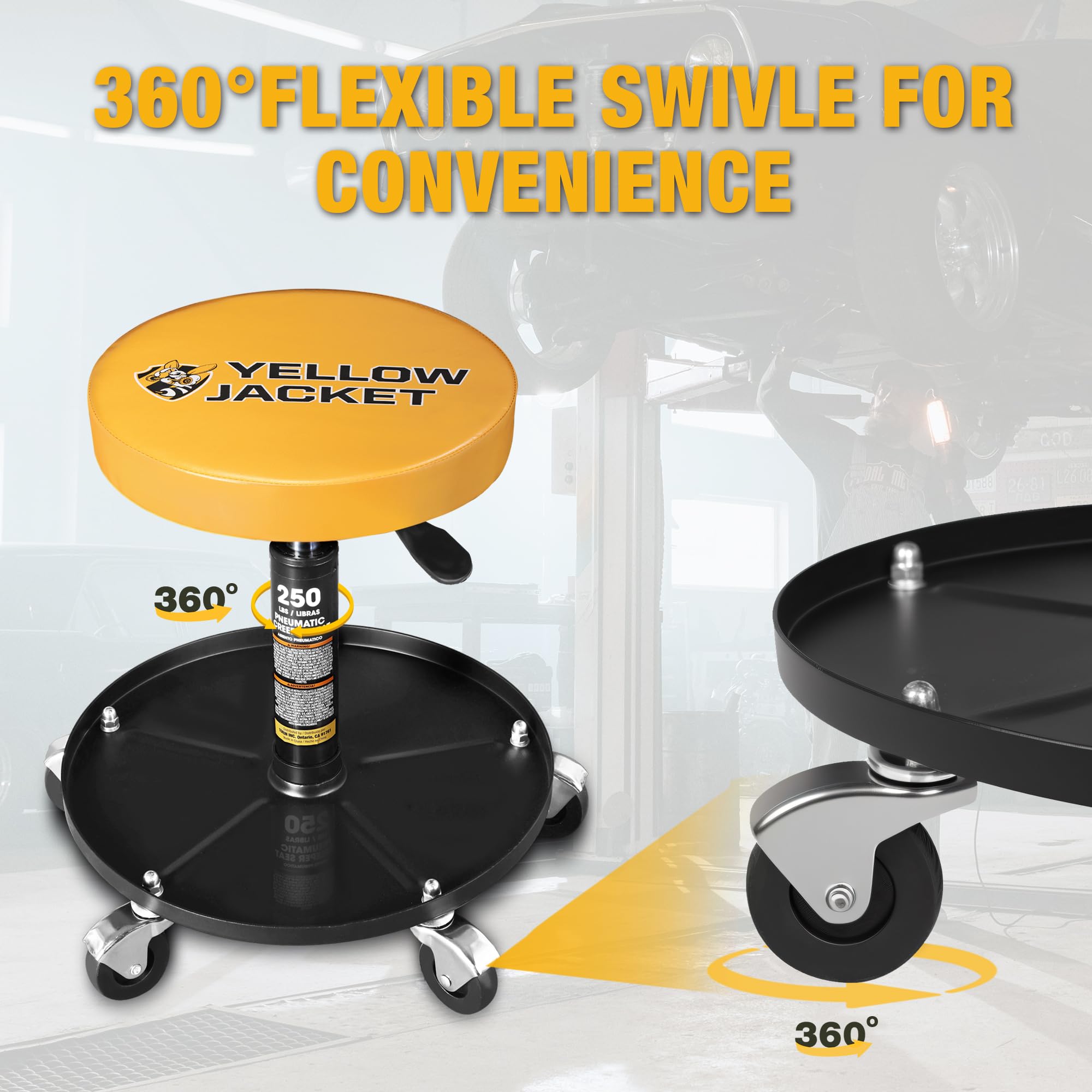 Yellow Jacket padded-seat design offers comfort during long repair sessions