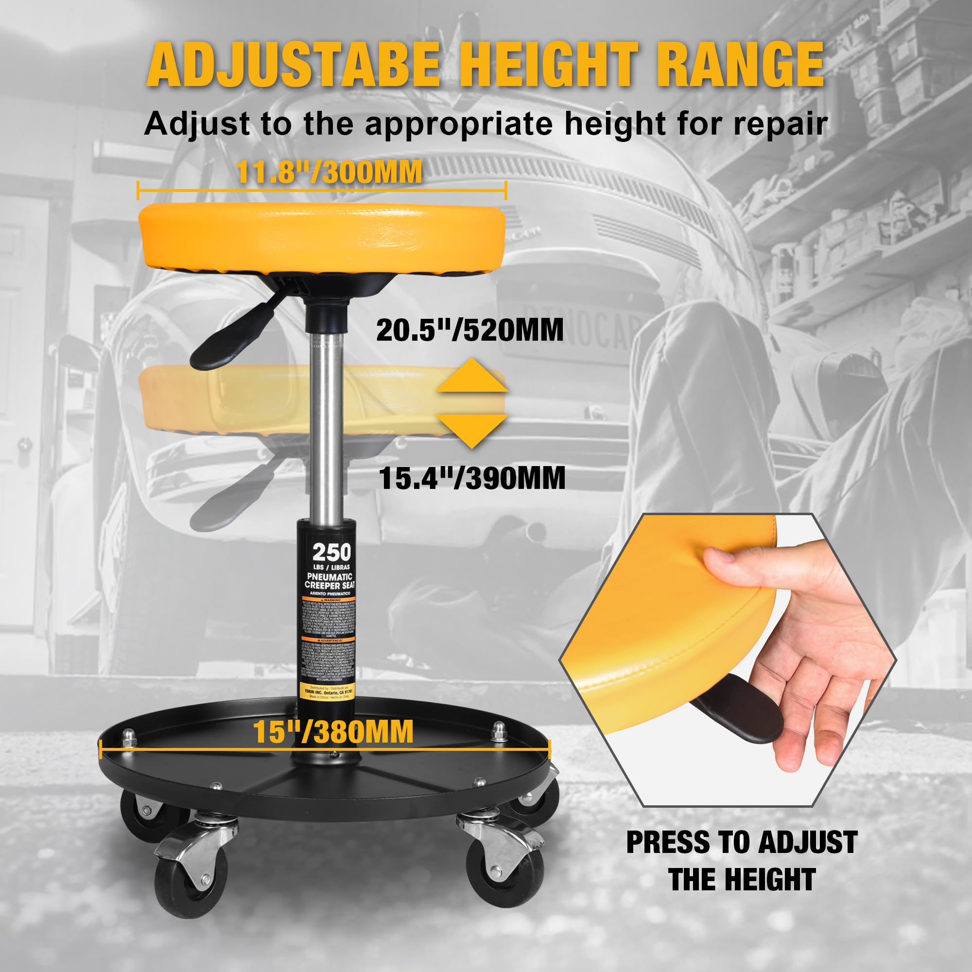 Yellow Jacket mechanic stool pneumatic height adjustment for comfortable, customizable working height