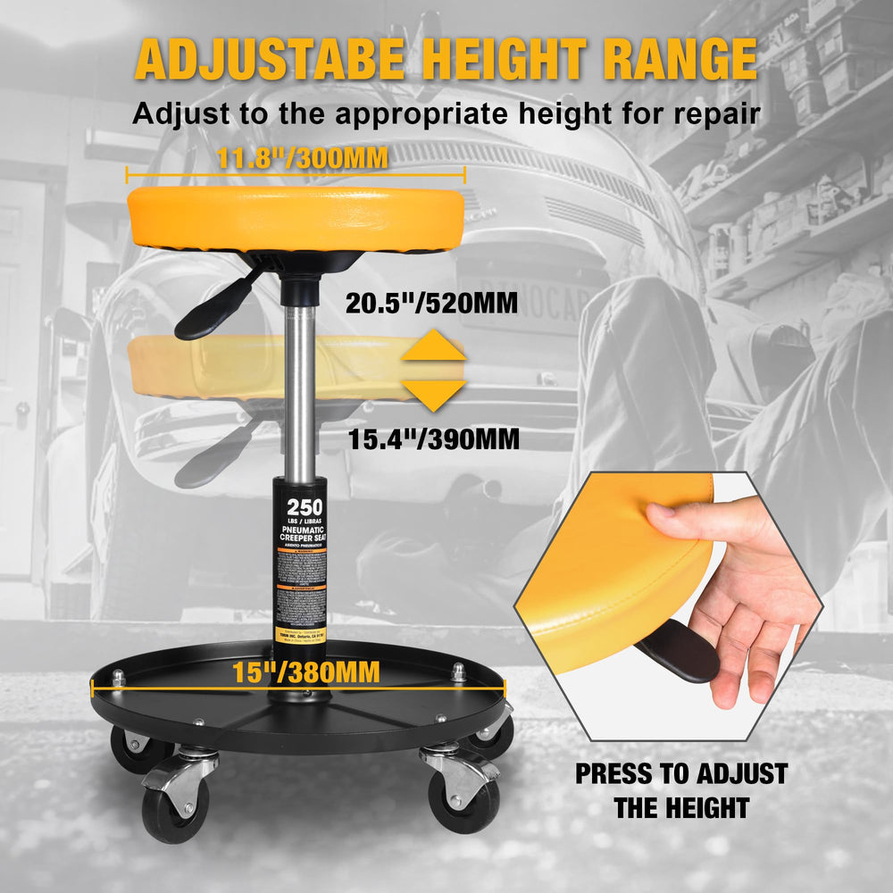 Yellow Jacket mechanic stool pneumatic height adjustment for comfortable, customizable working height