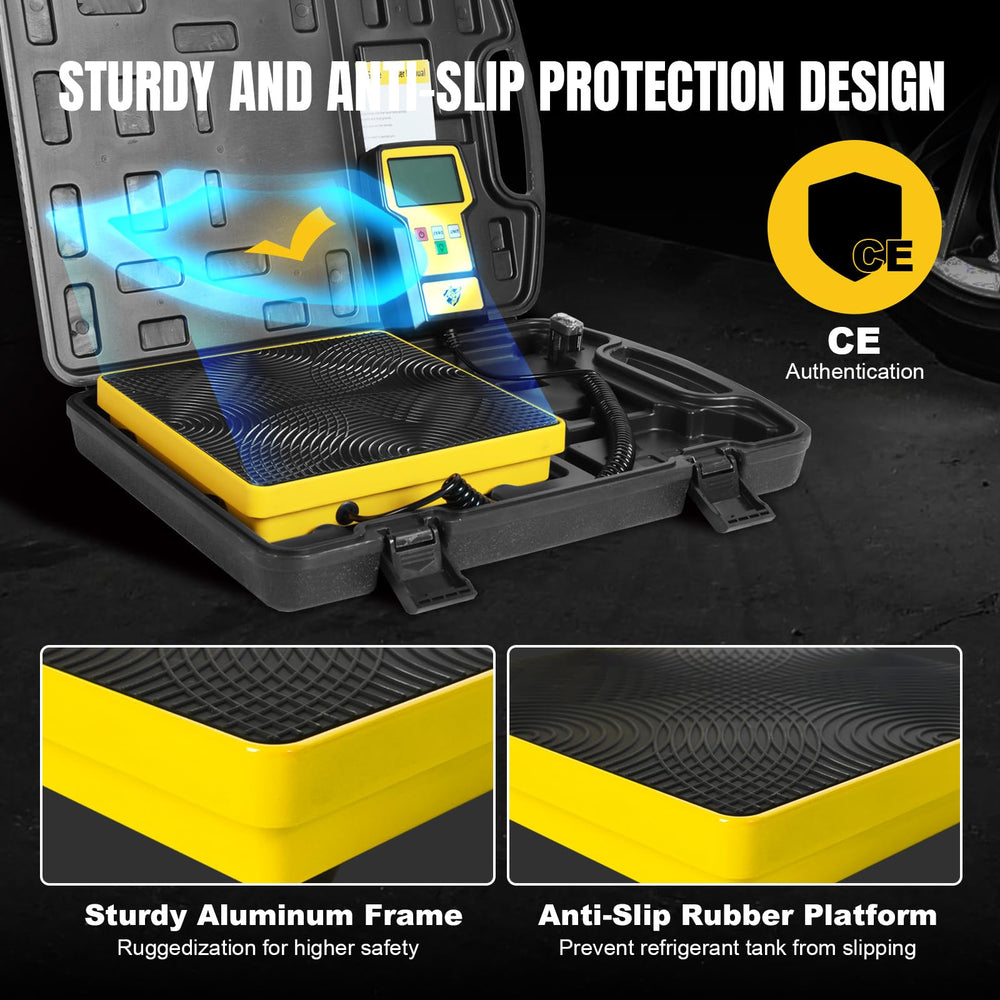 Yellow Jacket refrigerant scale shows FULL alert to prevent overloading.