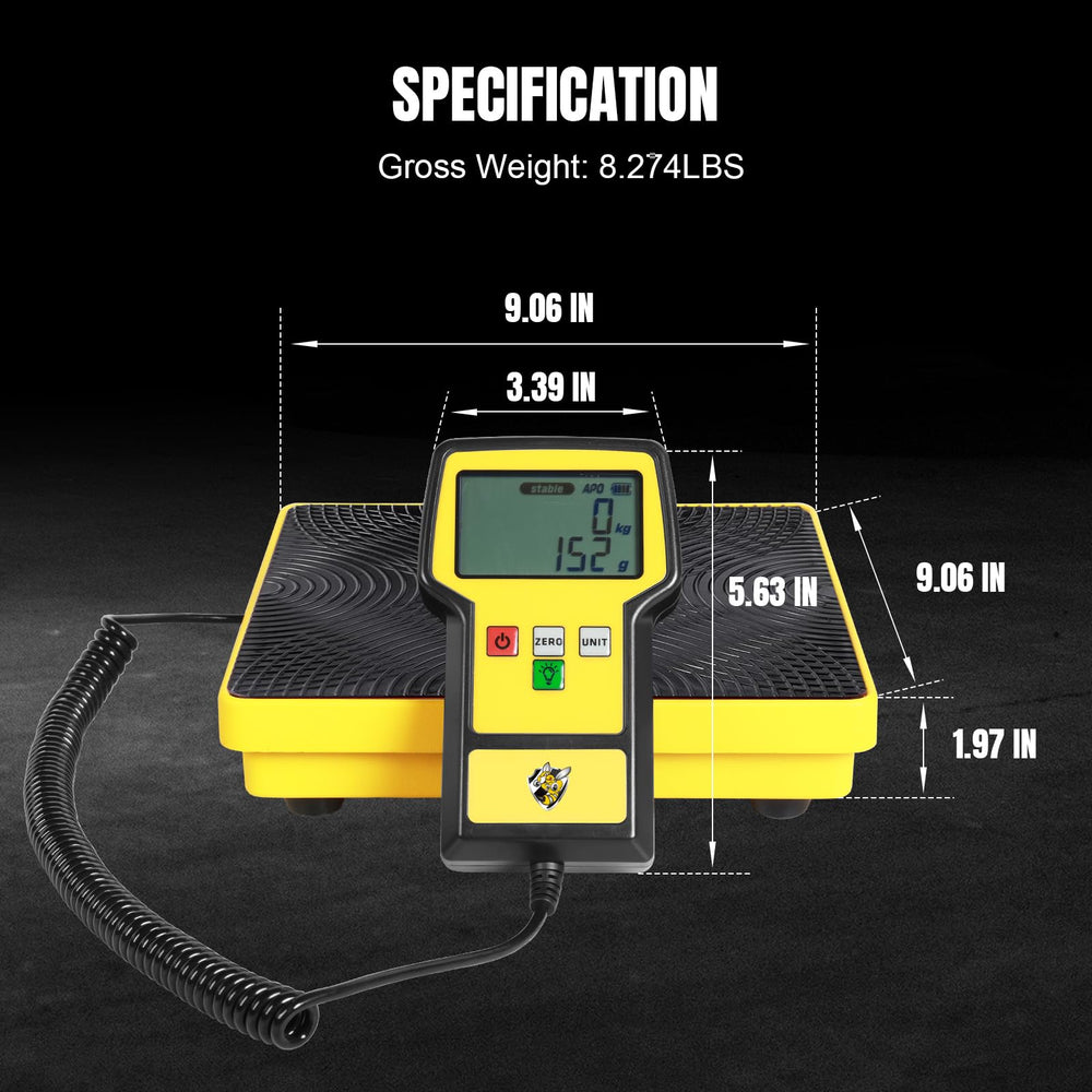 Yellow Jacket refrigerant scale hard case protects the tool during transport.