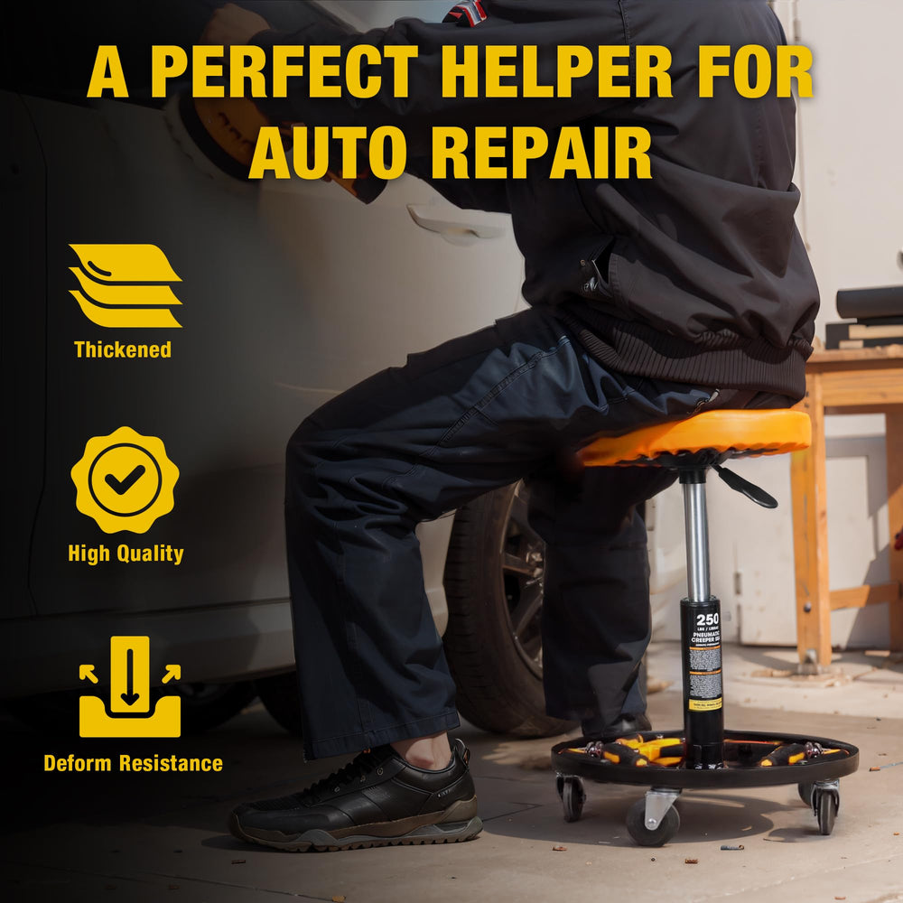 Yellow Jacket rolling stool front view highlighting height-adjustable seat for versatile repairs