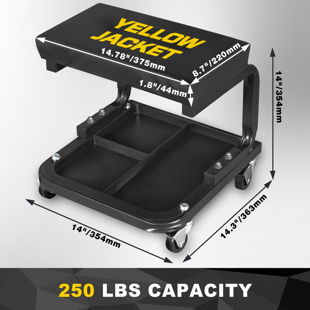 Yellow Jacket rolling seat with 360° swivel casters for easy mobility during repairs.