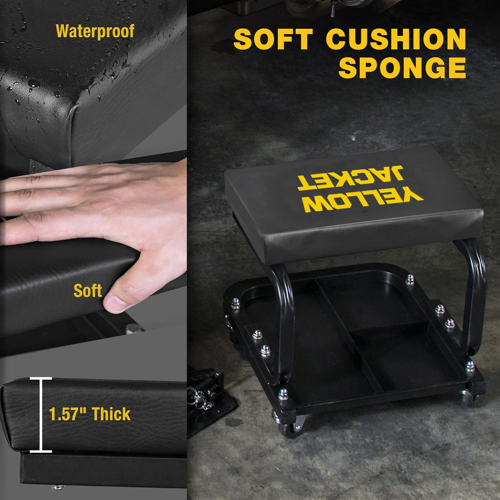 Yellow Jacket work stool suitable for garages, shops, and DIY projects.