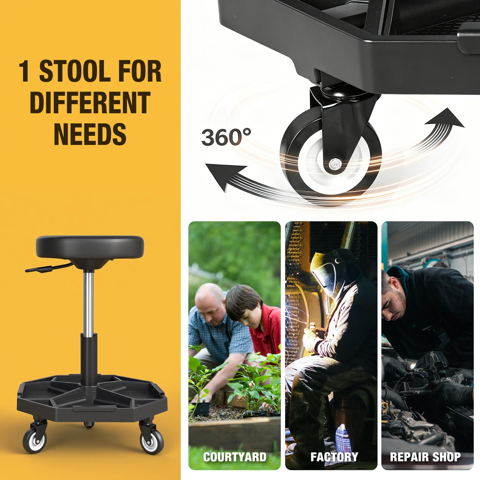 Yellow Jacket rolling seat ideal for auto repair in garage or workshop