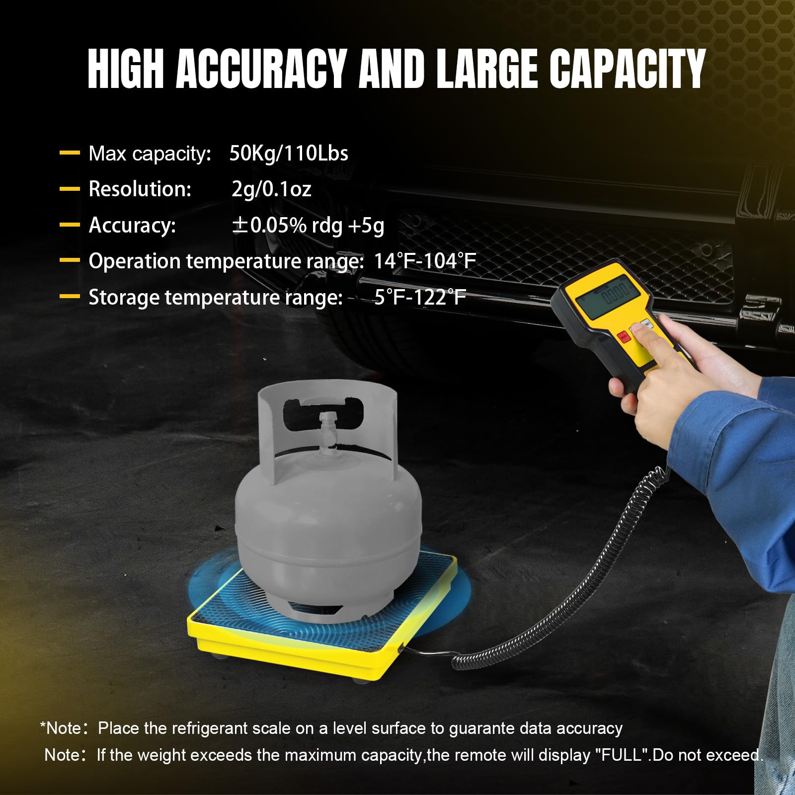 Non-slip 9x9 inch platform keeps refrigerant tanks stable during weighing.