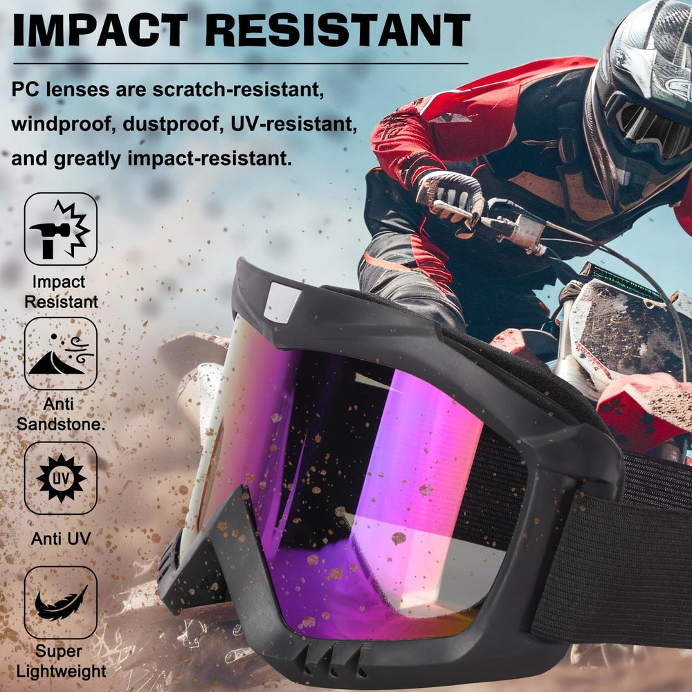 YENPK dirt bike goggles with multicolor lens adapt to changing light for riding and skiing.