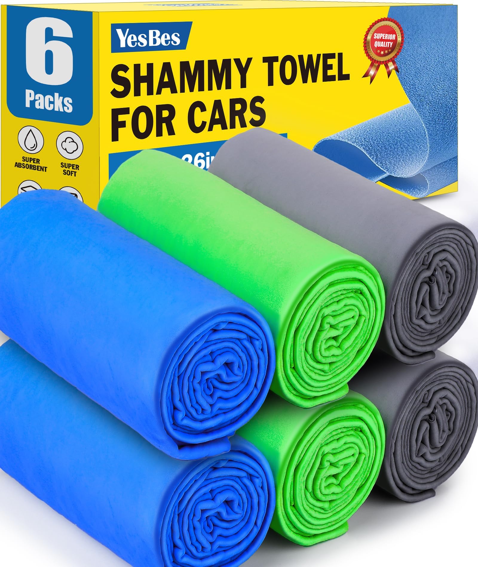YesBes 6-pack premium shammy cloth for car drying, absorbent and streak-free finish.