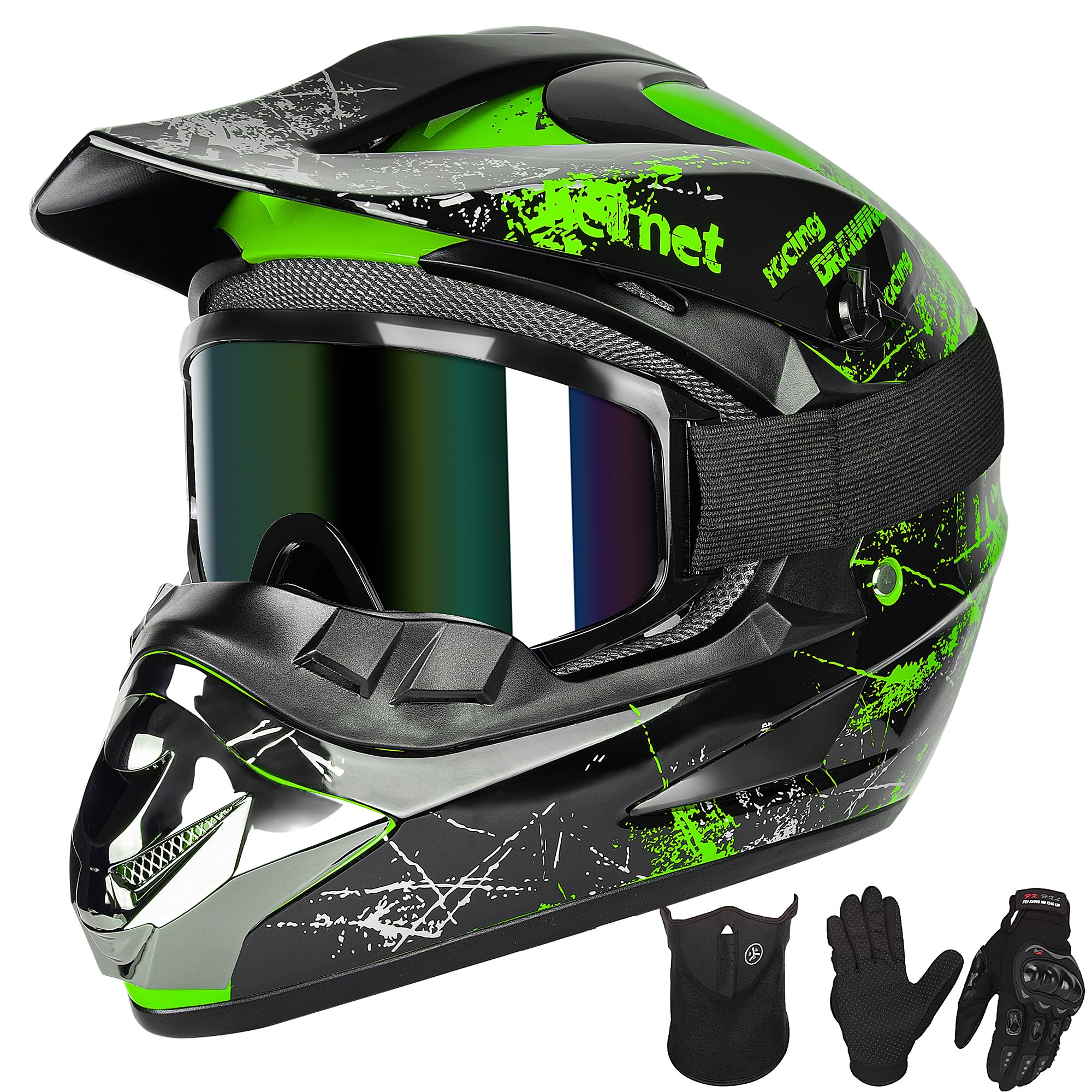 Yesmotor youth motocross helmet green front view for reliable protection on off-road rides