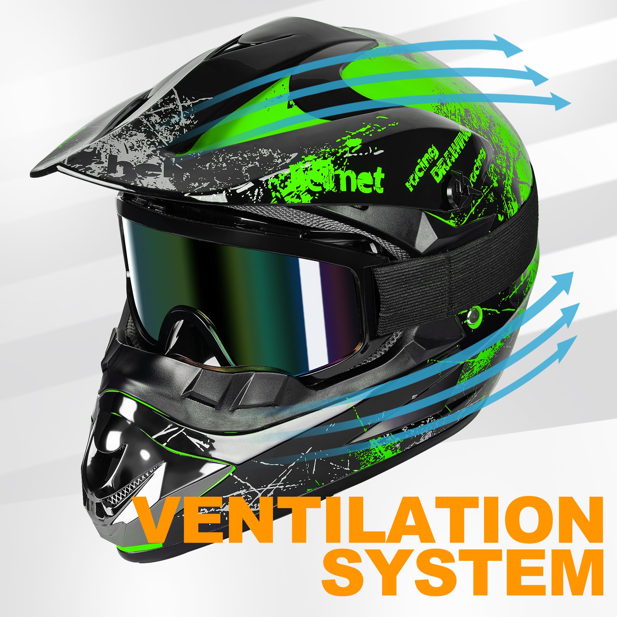 Yesmotor youth motocross helmet green side view for comfortable wind-resistant riding
