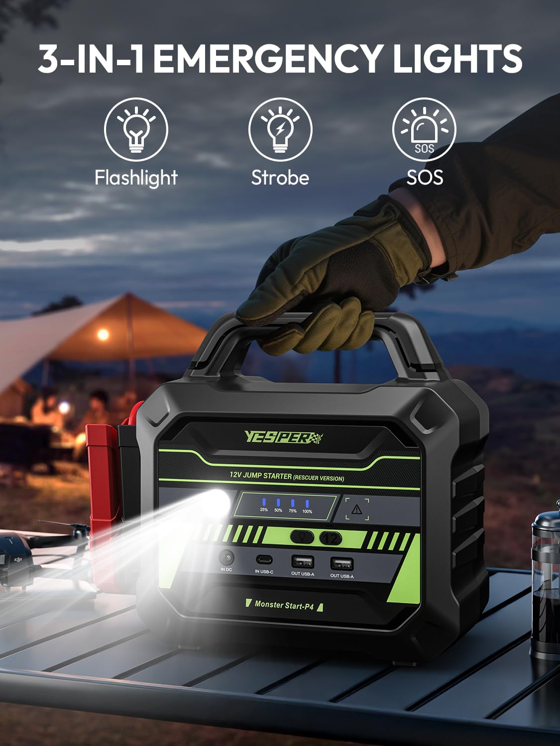 YESPER 78000mAh jump starter showing dual USB ports for device charging