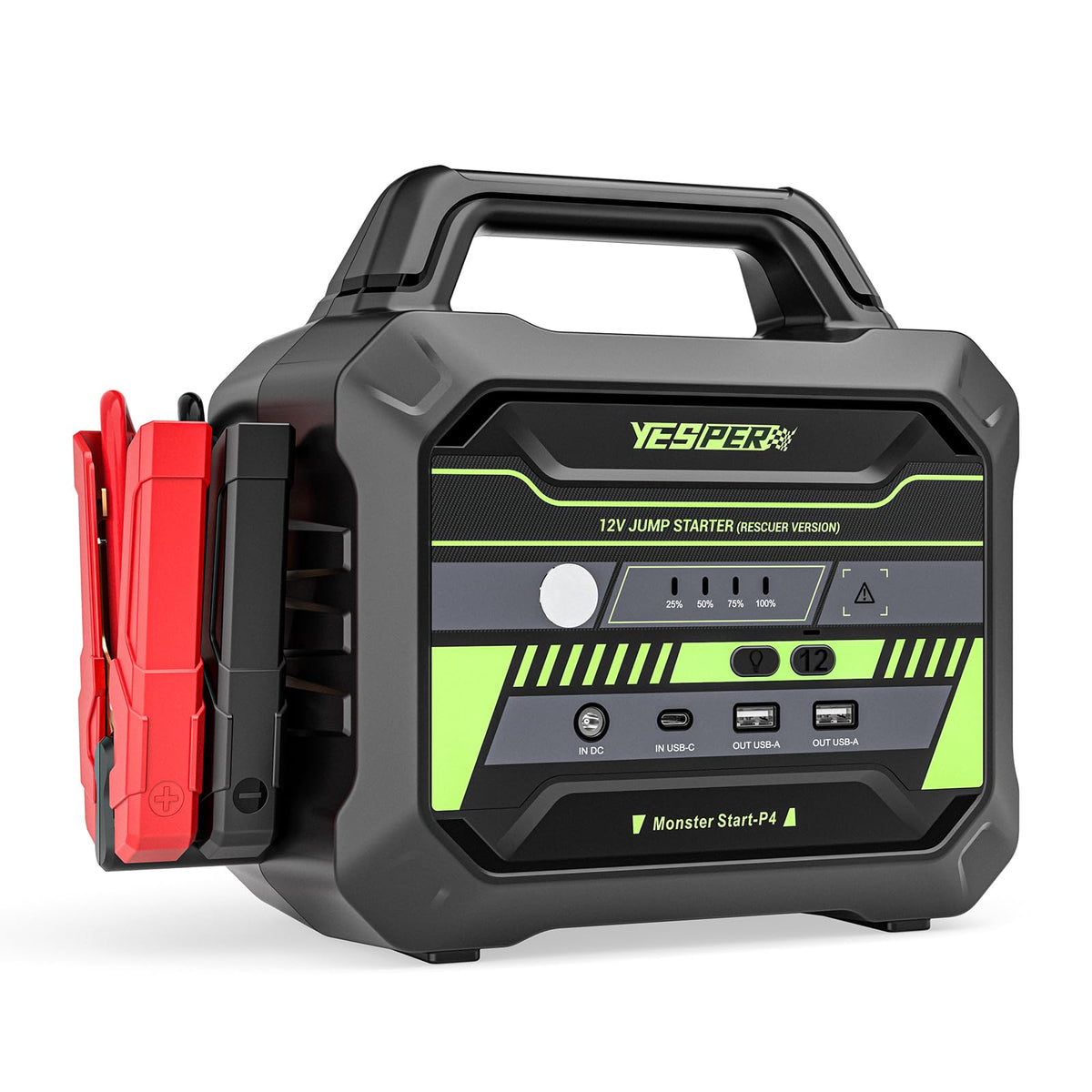YESPER 78000mAh jump starter front view showing compact heavy-duty design for trucks