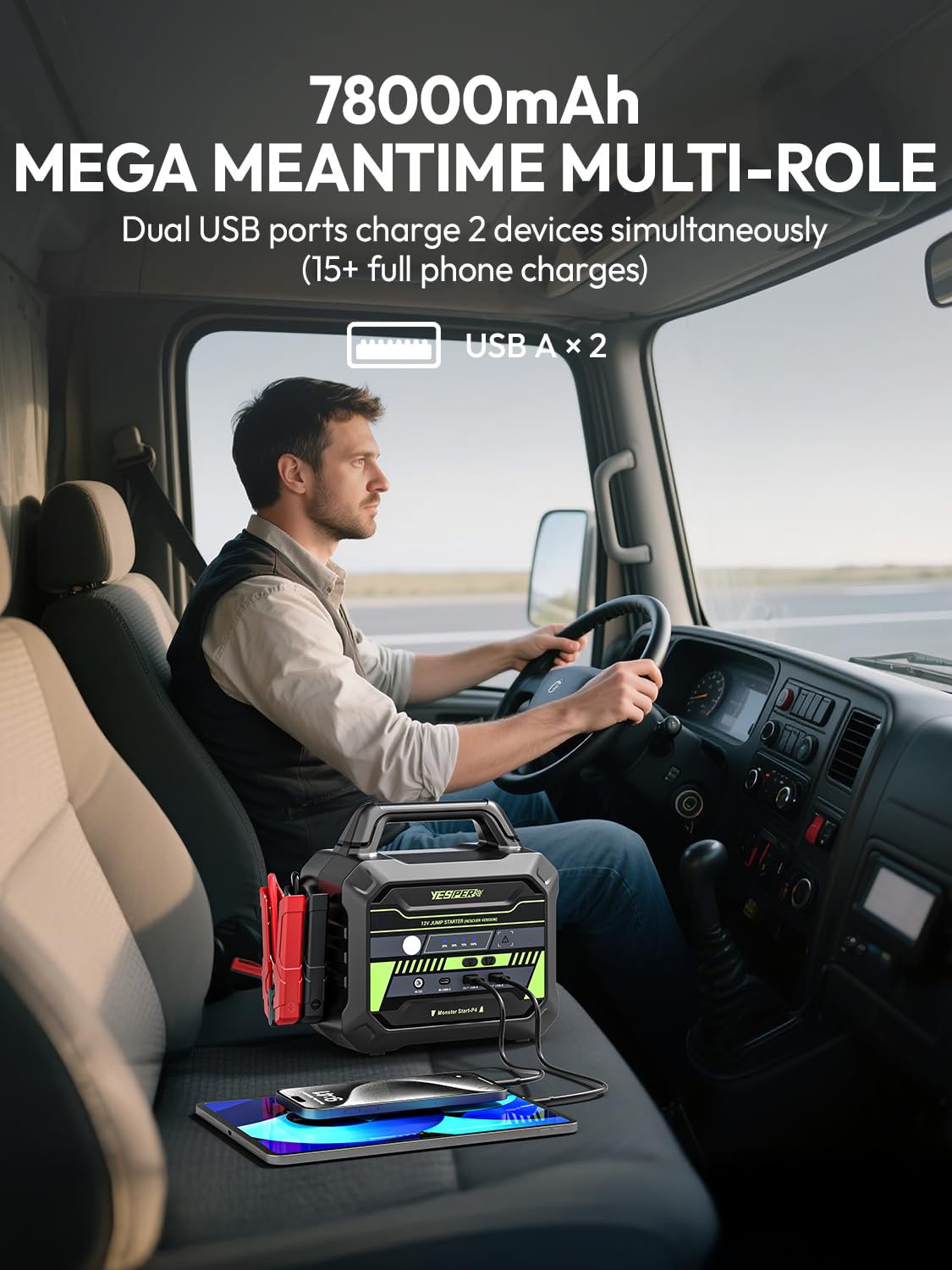 YESPER 78000mAh jump starter appears ultra-lightweight and portable for car use