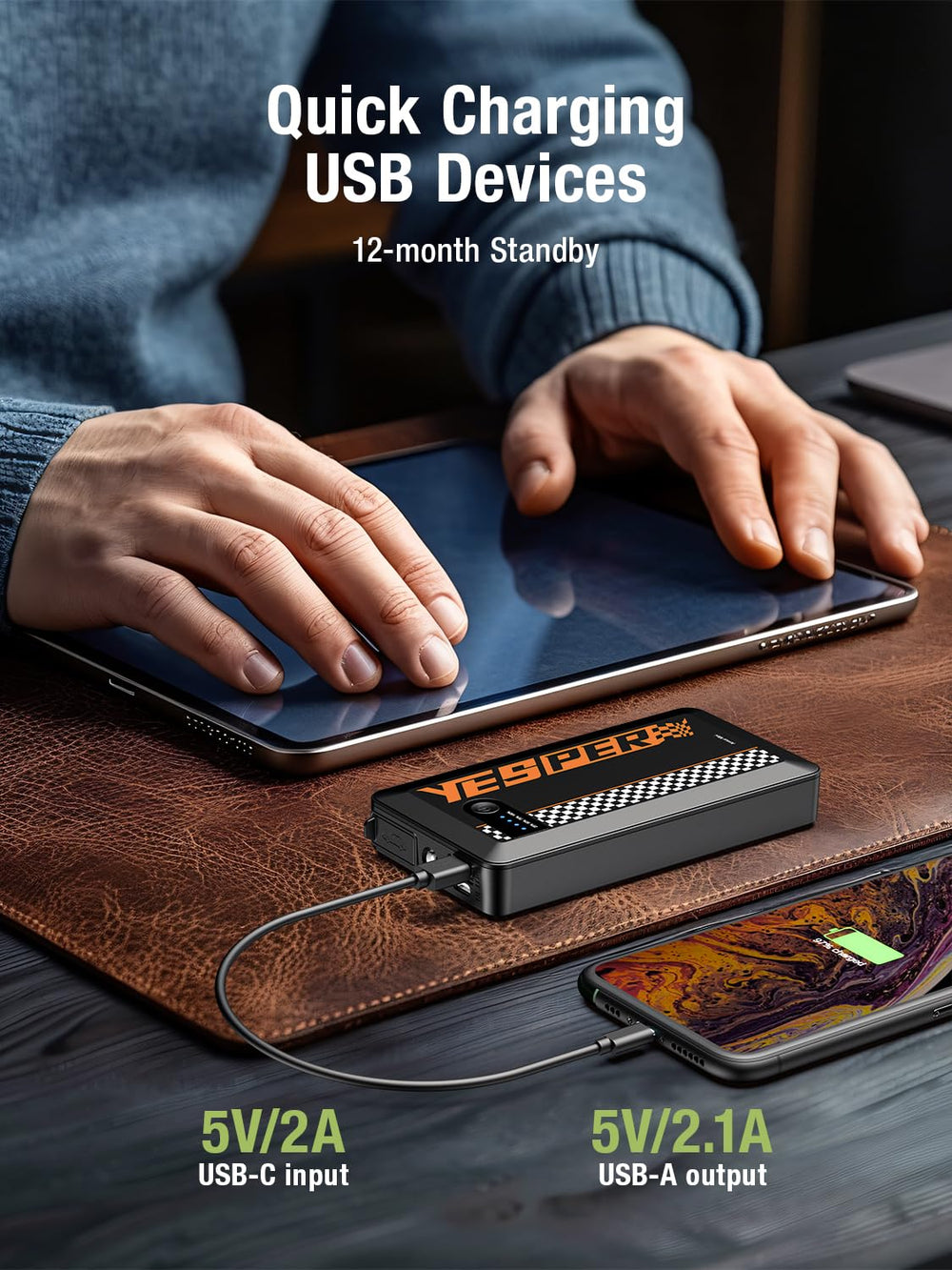 YESPER USB power pack to charge devices on the go.