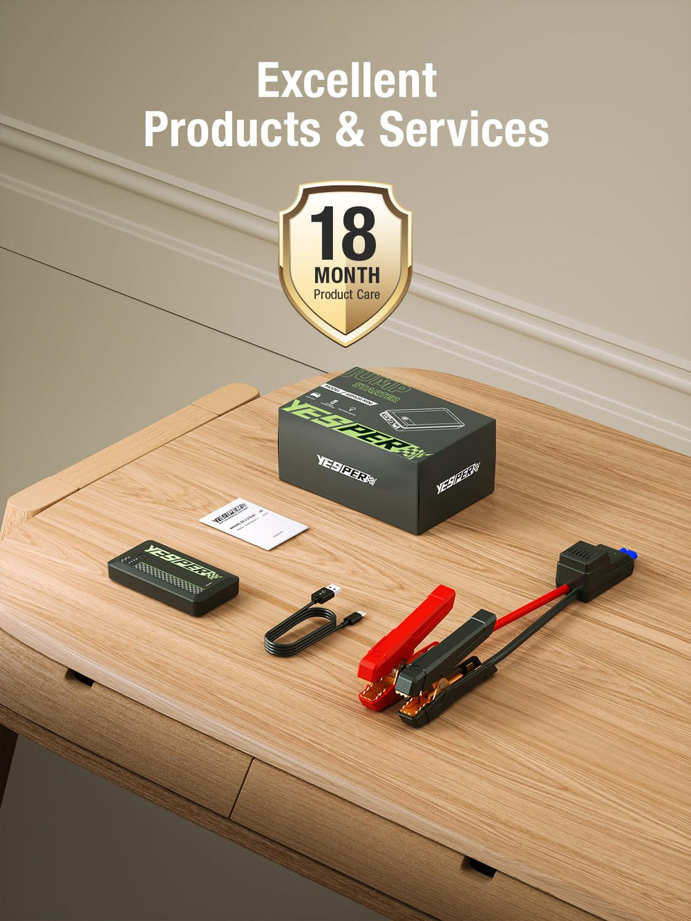 YESPER smart jumper cables showing spark-proof safety features.
