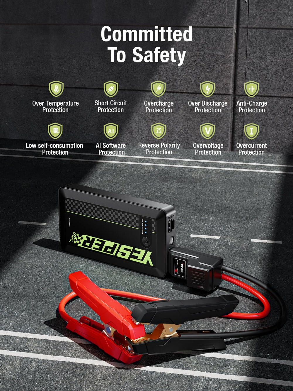 YESPER Jump Starter powers cars and motorcycles and more for versatility.