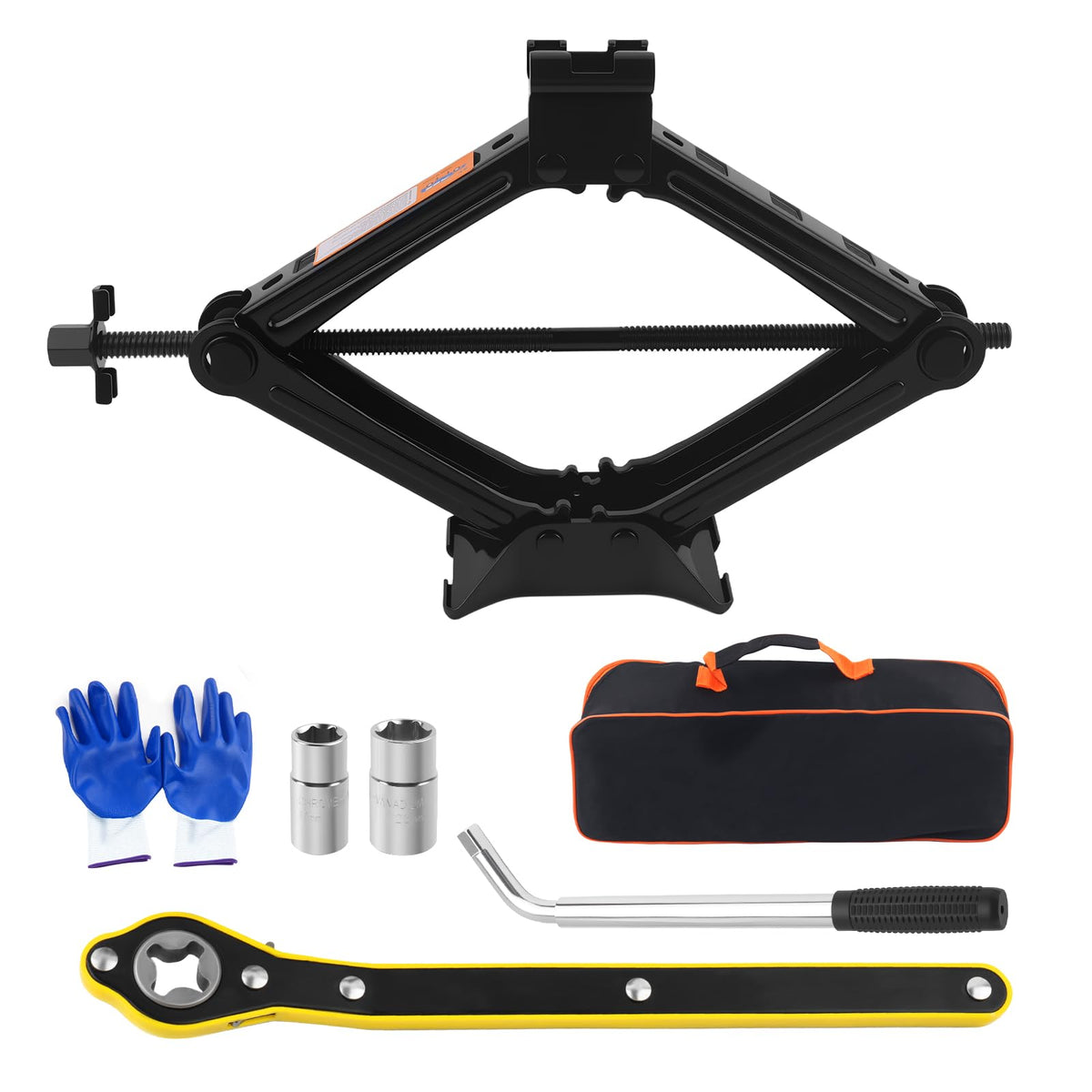 YGDMD 2T scissor jack ready for stable car lifting in a garage setting.