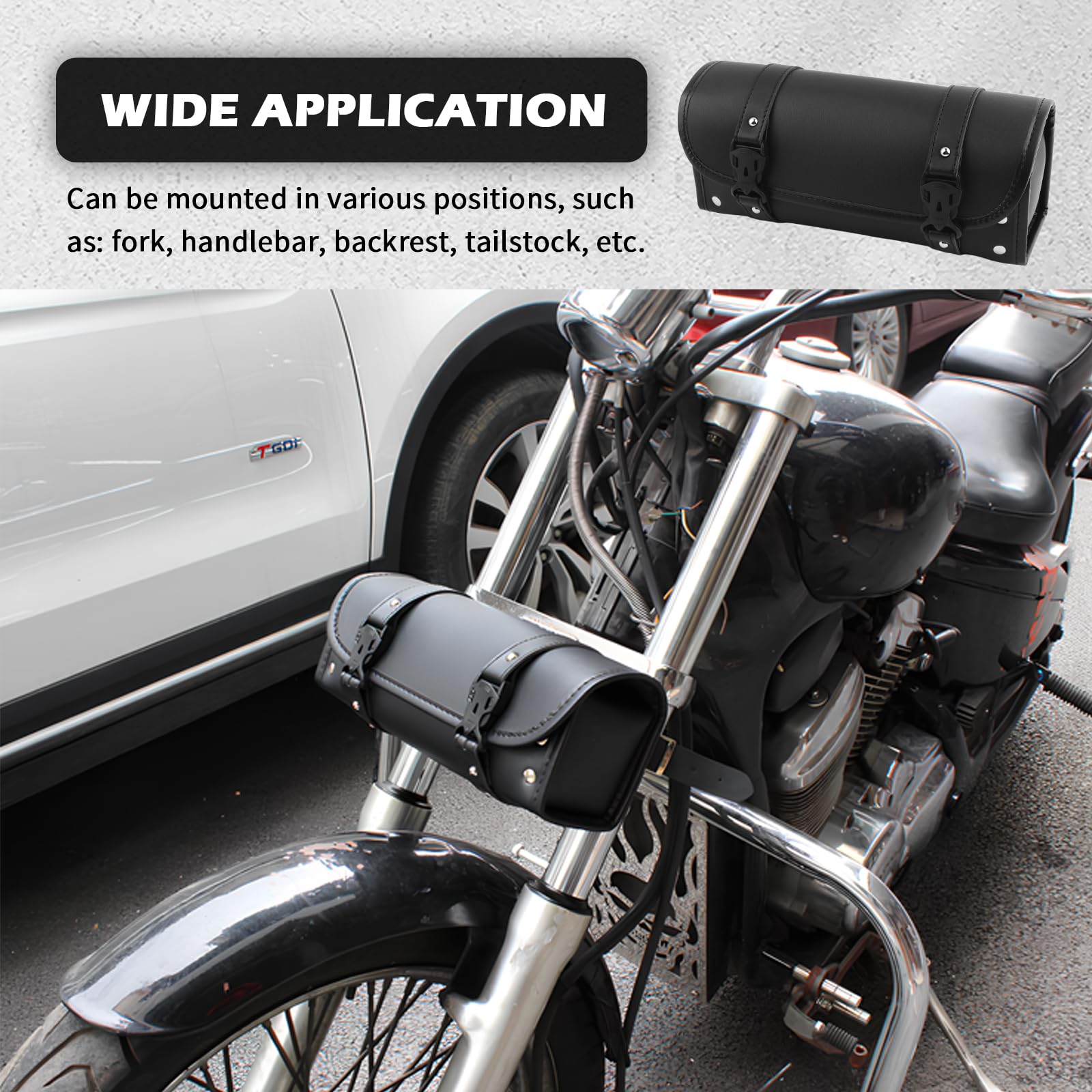 YGDMD fork bag on bike demonstrates quick-access essentials.