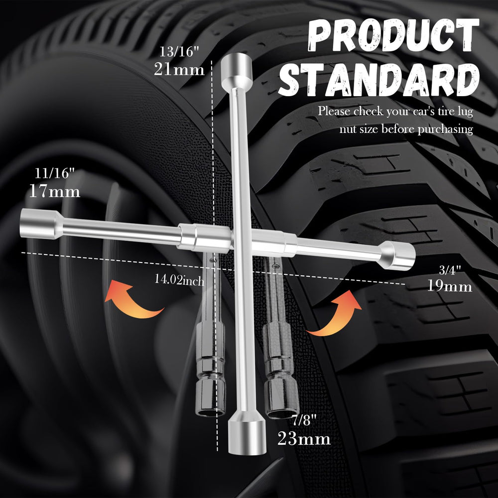 YGDMD four-way lug wrench with socket sizes 17mm–23mm for versatile tire work
