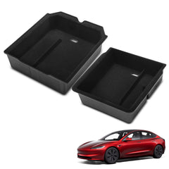 YHTAUTO center console organizer for Tesla Model Y Juniper 2025–2026 shows quick-access storage.