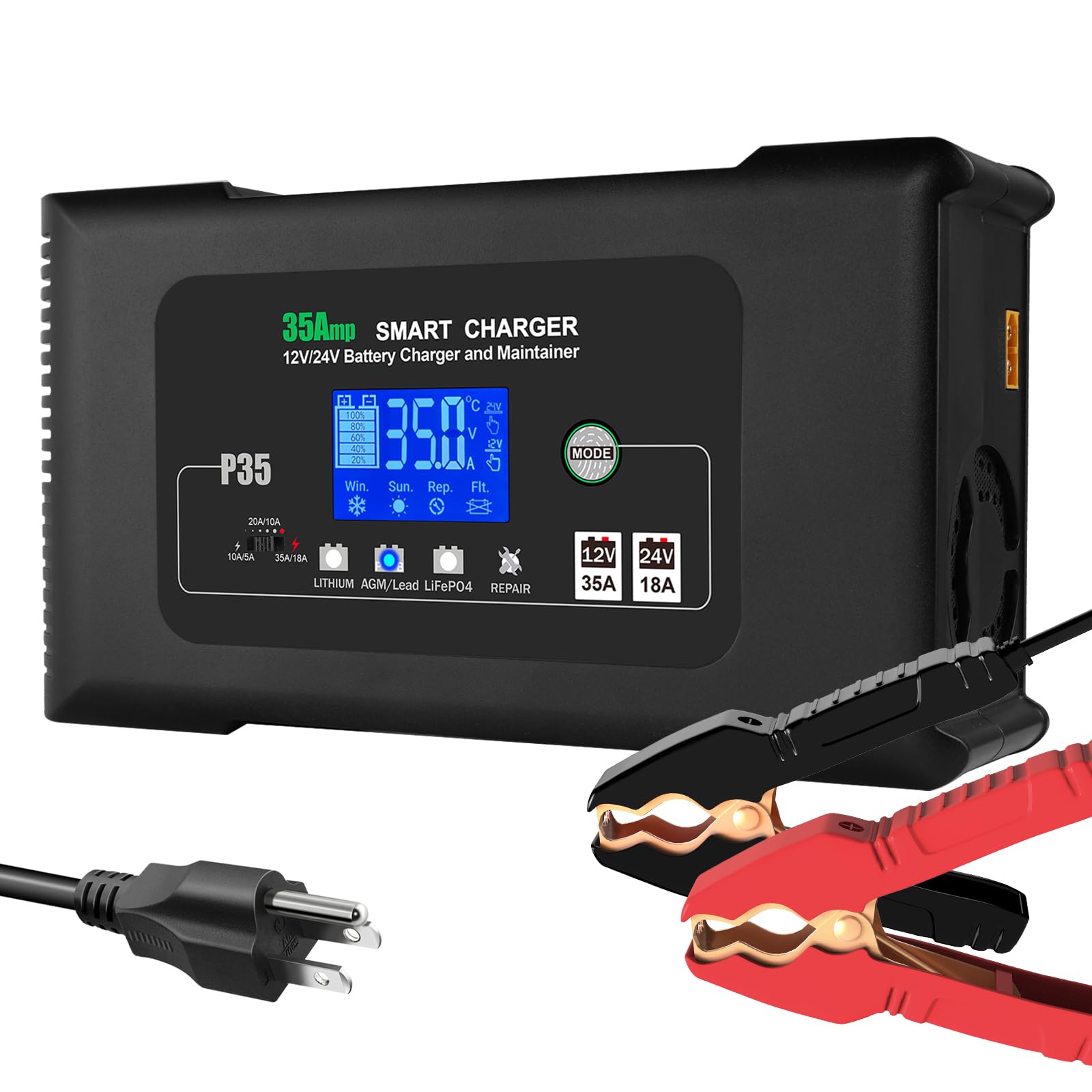YHCHKJ battery charger in 35A fast-charge mode powering a vehicle battery.