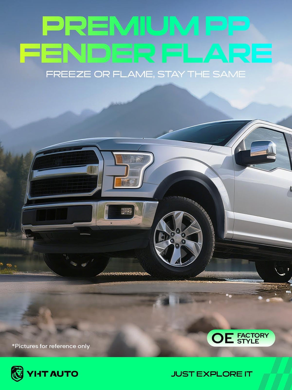 YHTAUTO fender flare front-right installed on Silverado enhances outdoor-ready appearance