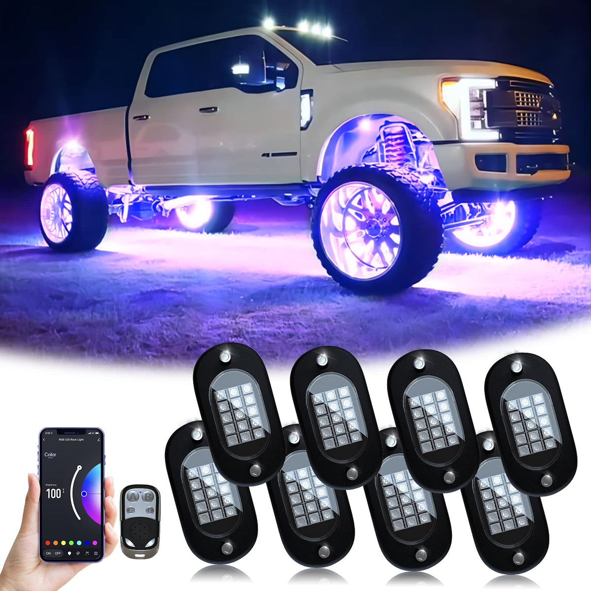YiLaie 8-pod rock lights kit front view for better off-road visibility.