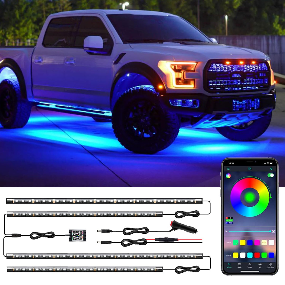 Yielinth LED underglow kit showing vivid brightness with music responsive colors