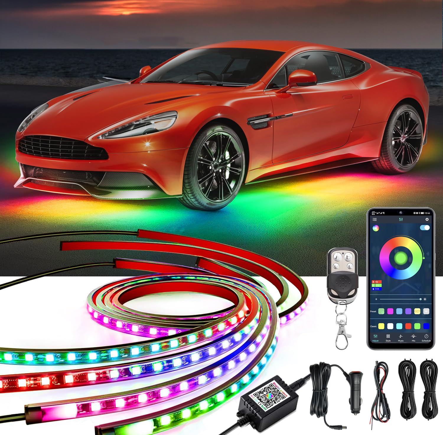 Yielinth underglow kit displays 252 LEDs in vibrant dream color effects for personalized night driving.