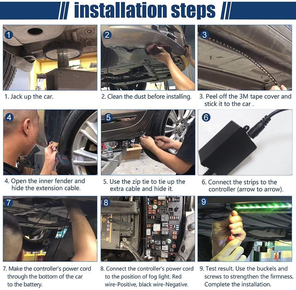 Easy installation using adhesive, buckles, and optional wired power for 12V cars.