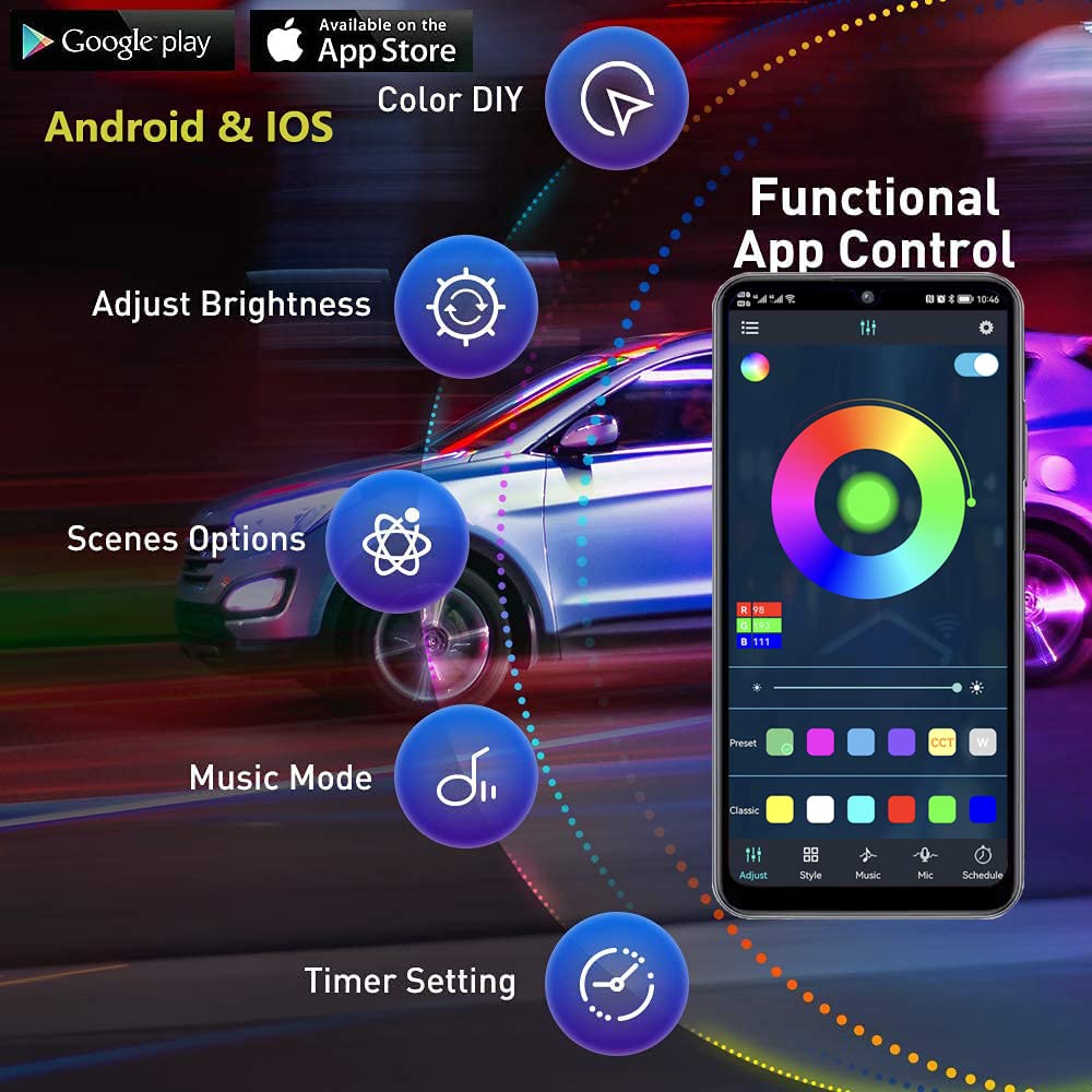 App and RF remote enable easy mode changes, including music-synced lighting.