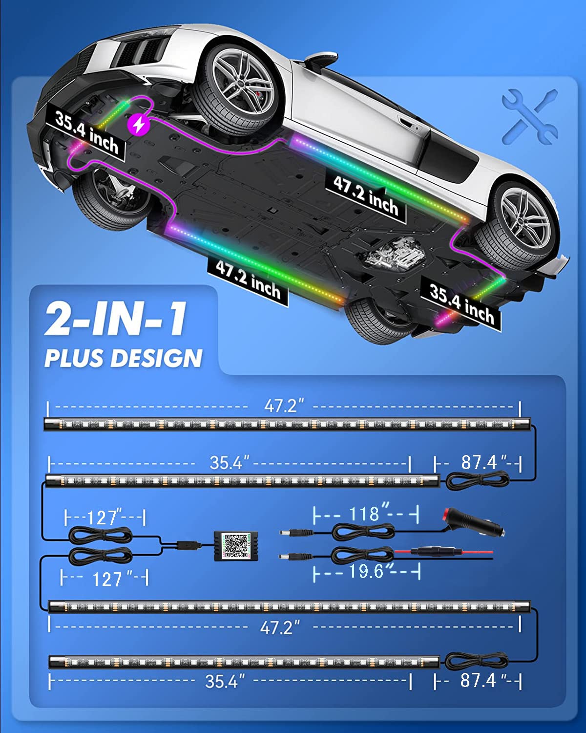 2-line kit includes 4 strips with flexible tubing for versatile placement.