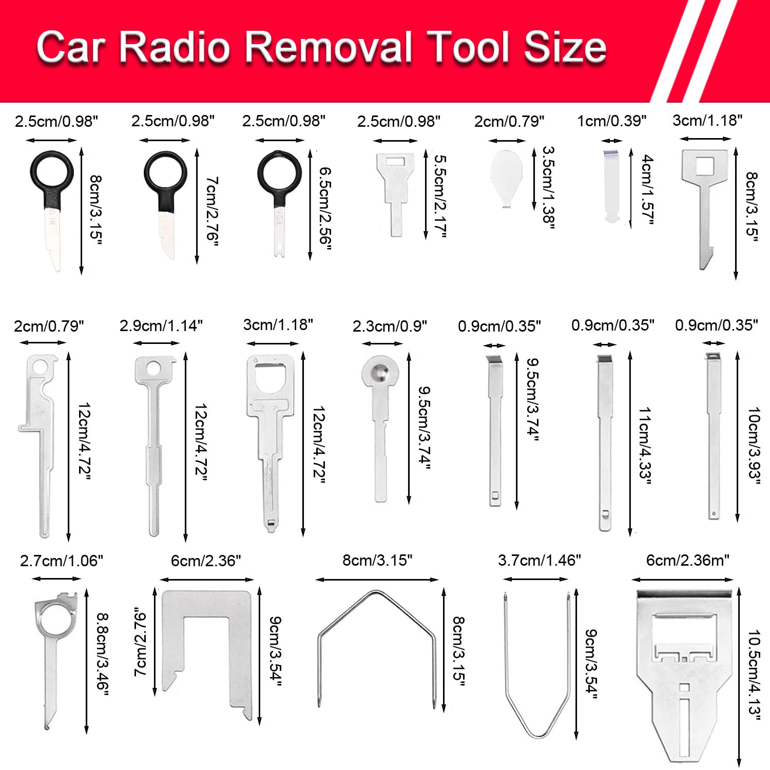 YIENAKFUN stereo removal keys arranged for universal fit around the dash.