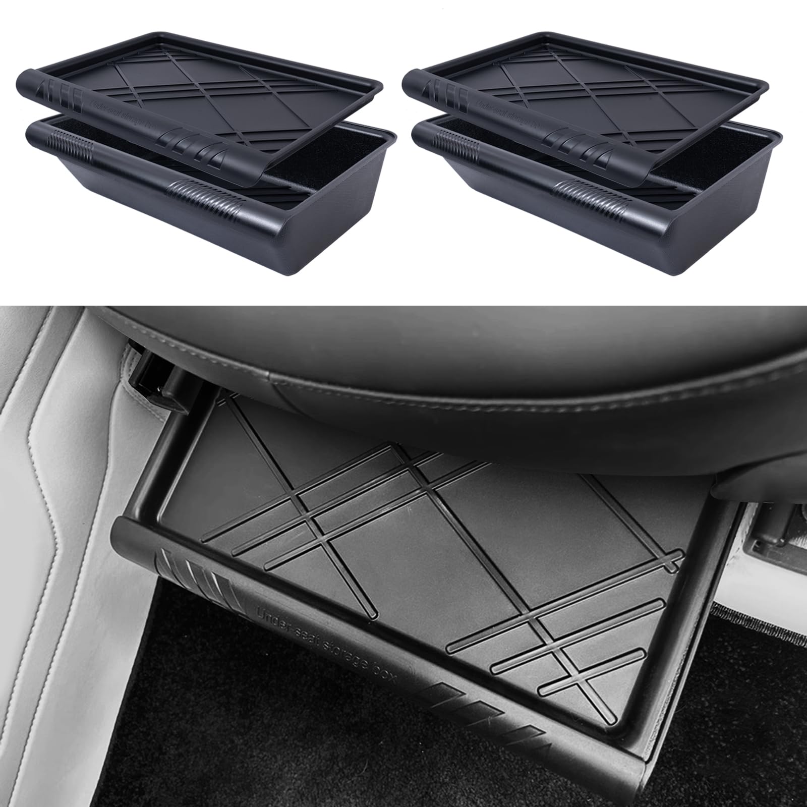 Yieokei under-seat storage box for Tesla Model Y, front view, keeps essentials organized.