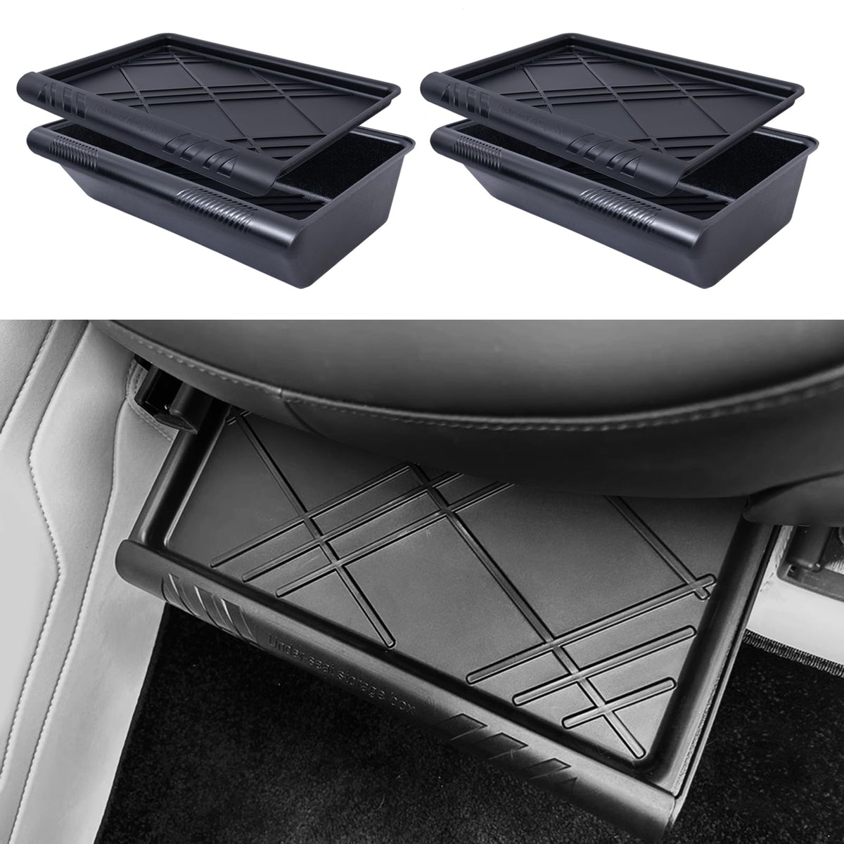 Yieokei under-seat storage box for Tesla Model Y, front view, keeps essentials organized.
