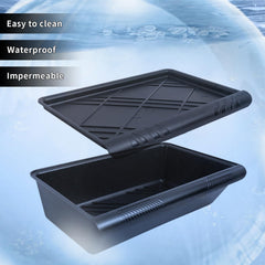 Yieokei under-seat storage box with lid closed, private and spill-free storage.