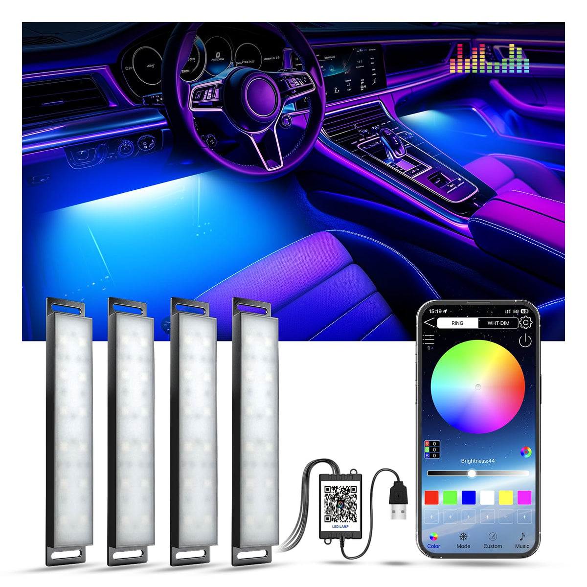 YiLaie interior RGB lights under dash with app control for customizable ambiance.