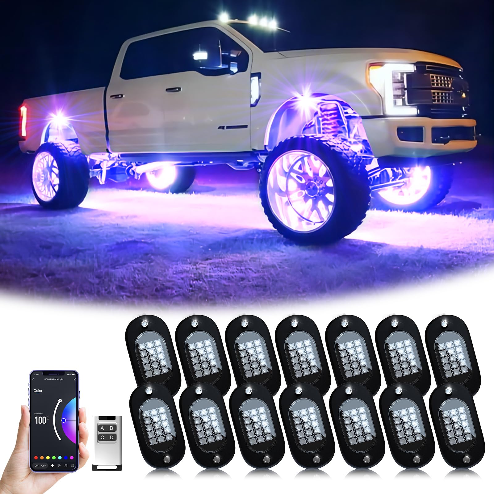 YiLaie RGB LED rock light 14 pods for ATV enhances trail visibility at night.
