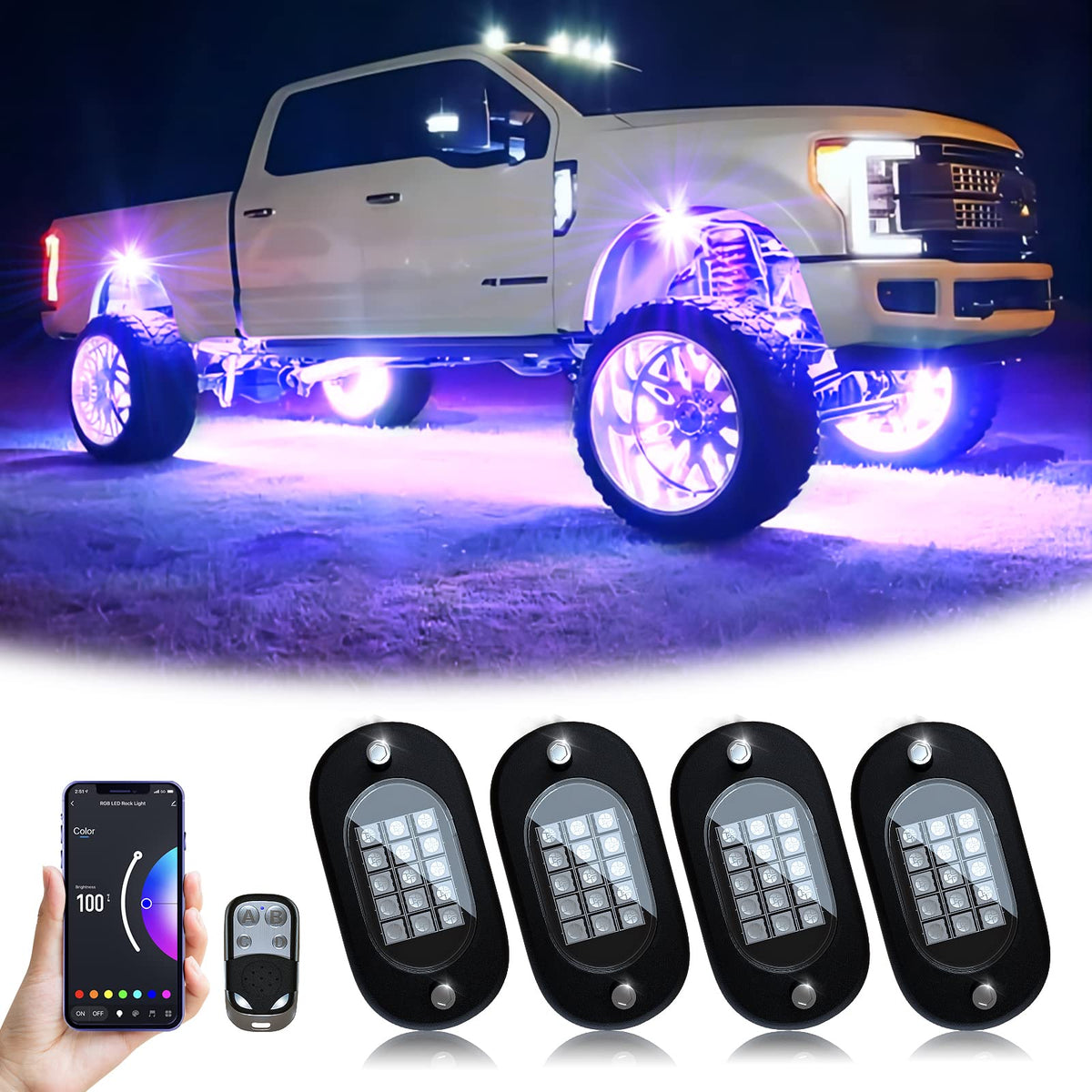 YiLaie RGB LED Rock Lights illuminate 60 LEDs for vivid underglow on rugged vehicles.