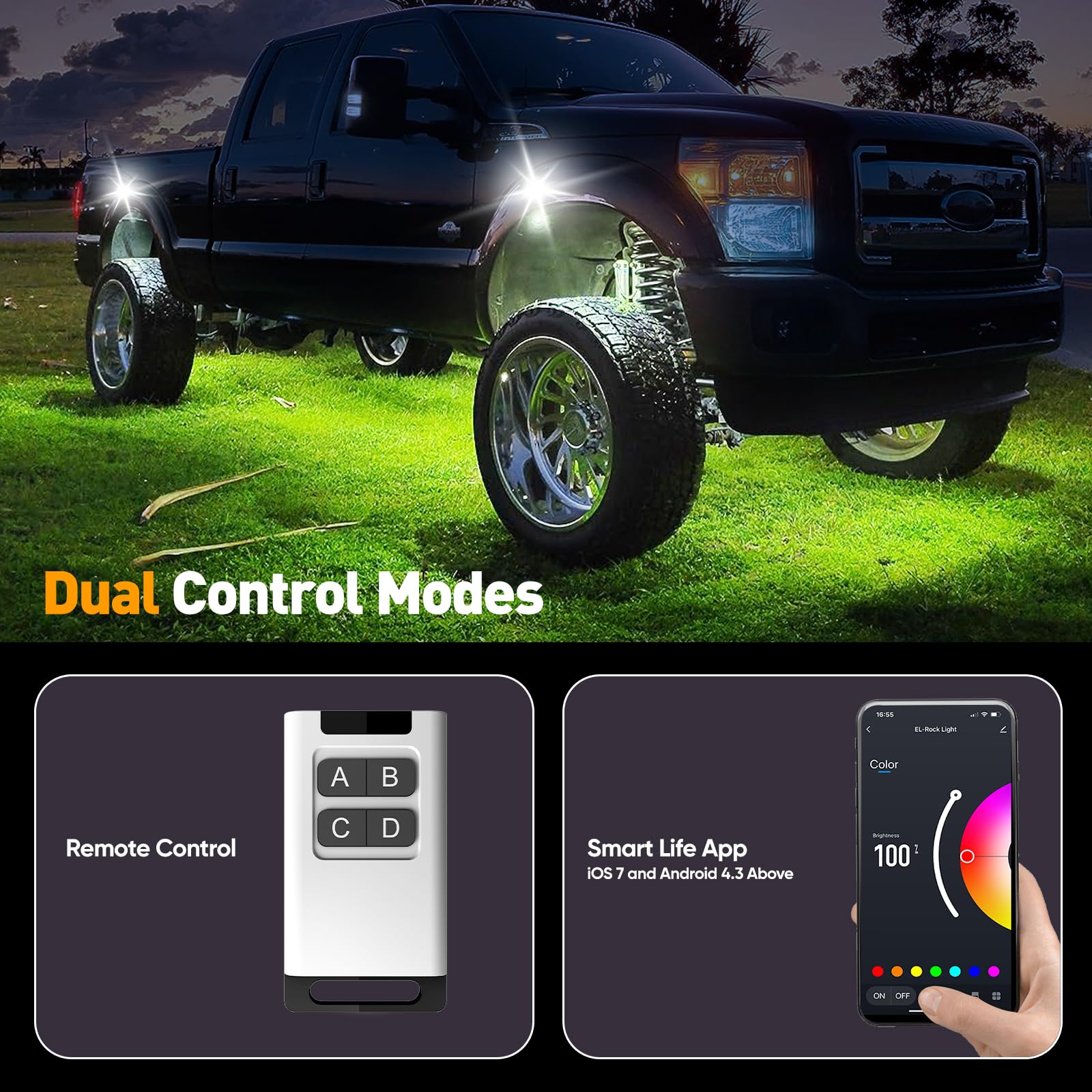 YiLaie app-controlled 8pods create vibrant underglow with customizable colors for your ride.