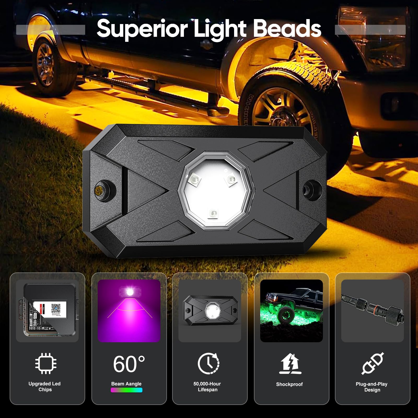 YiLaie RGB rock lights with music mode sync to rhythm for immersive riding.