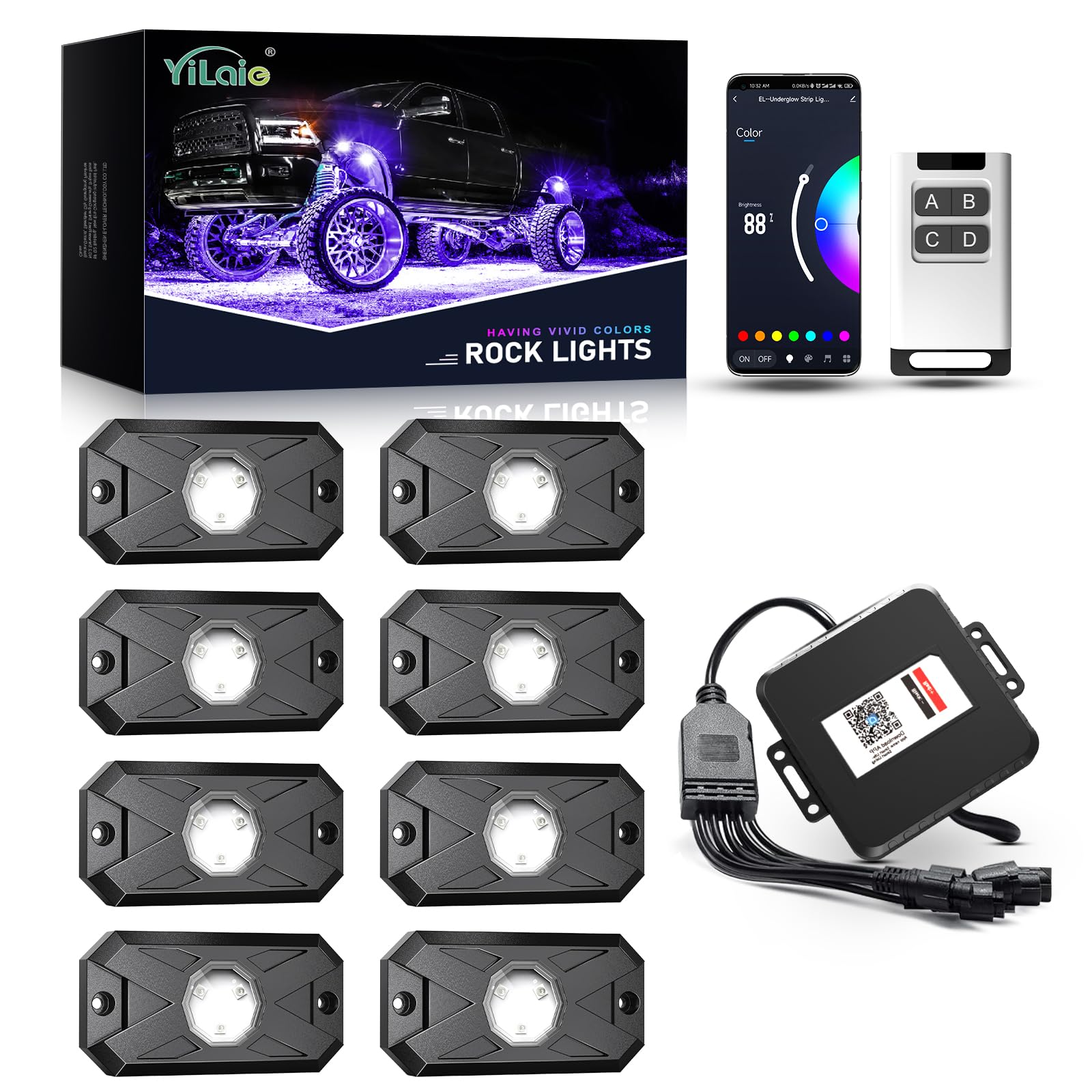 YiLaie RGB rock lights illuminate your vehicle's side glow for enhanced night visibility.