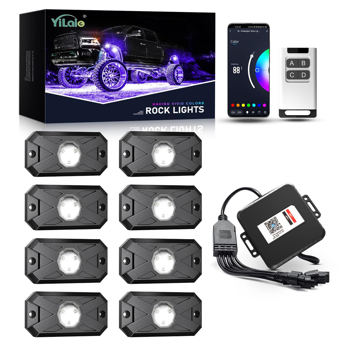 YiLaie RGB rock lights illuminate your vehicle's side glow for enhanced night visibility.