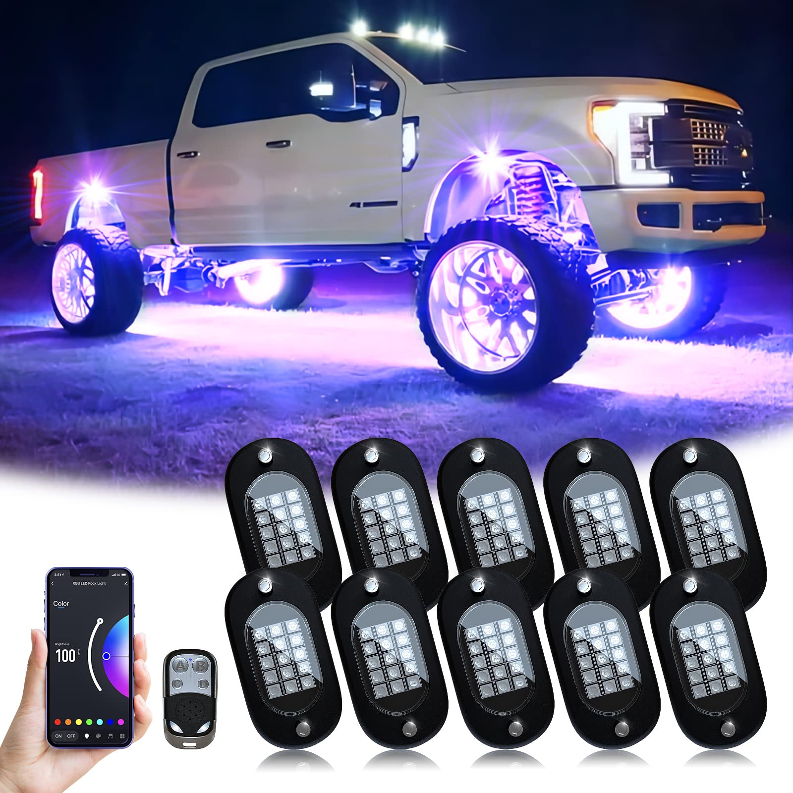 YiLaie RGB rock lights illuminate a truck's underbody with vibrant 10-pod glow.