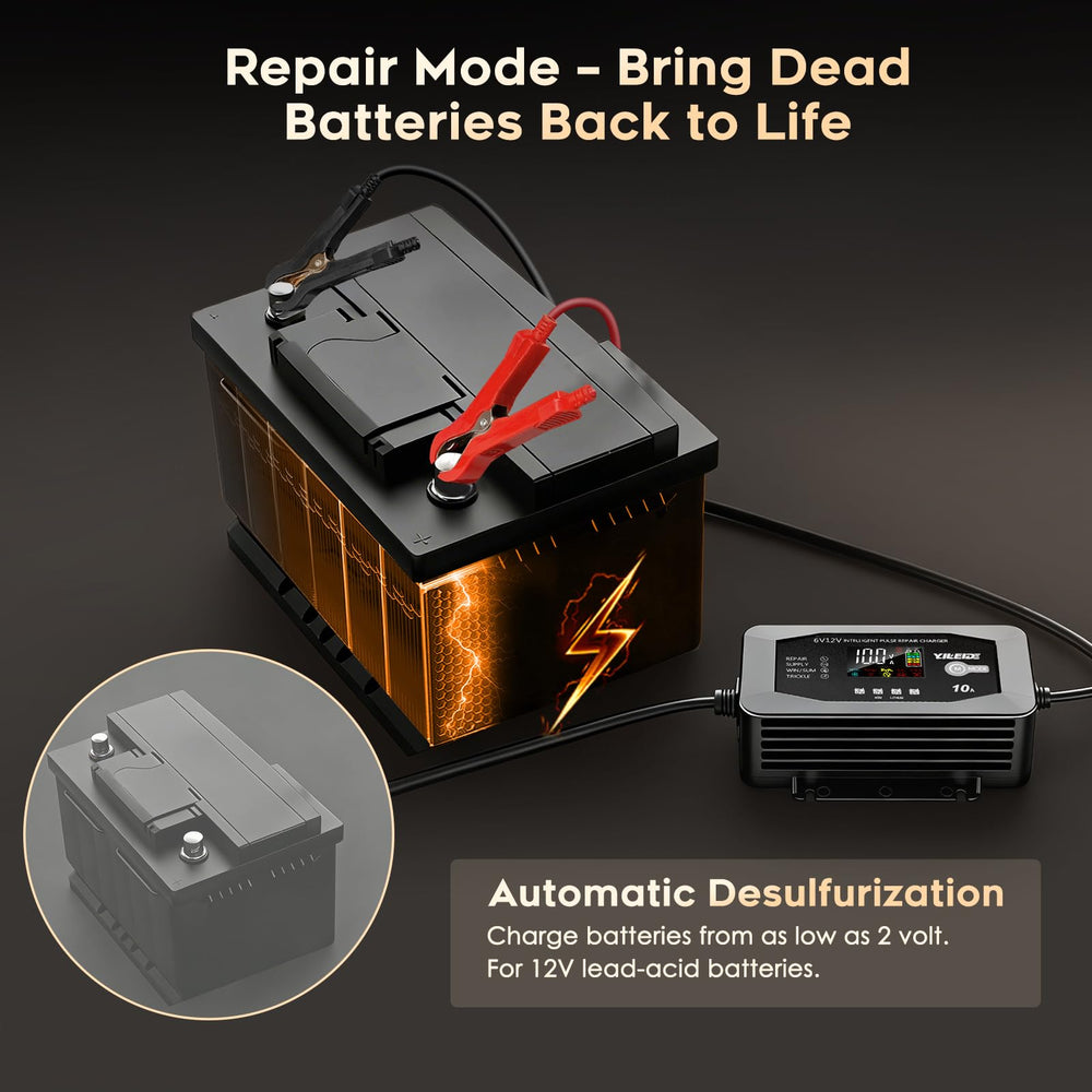 YILEIDE 10A charger safety features with spark-proof design.