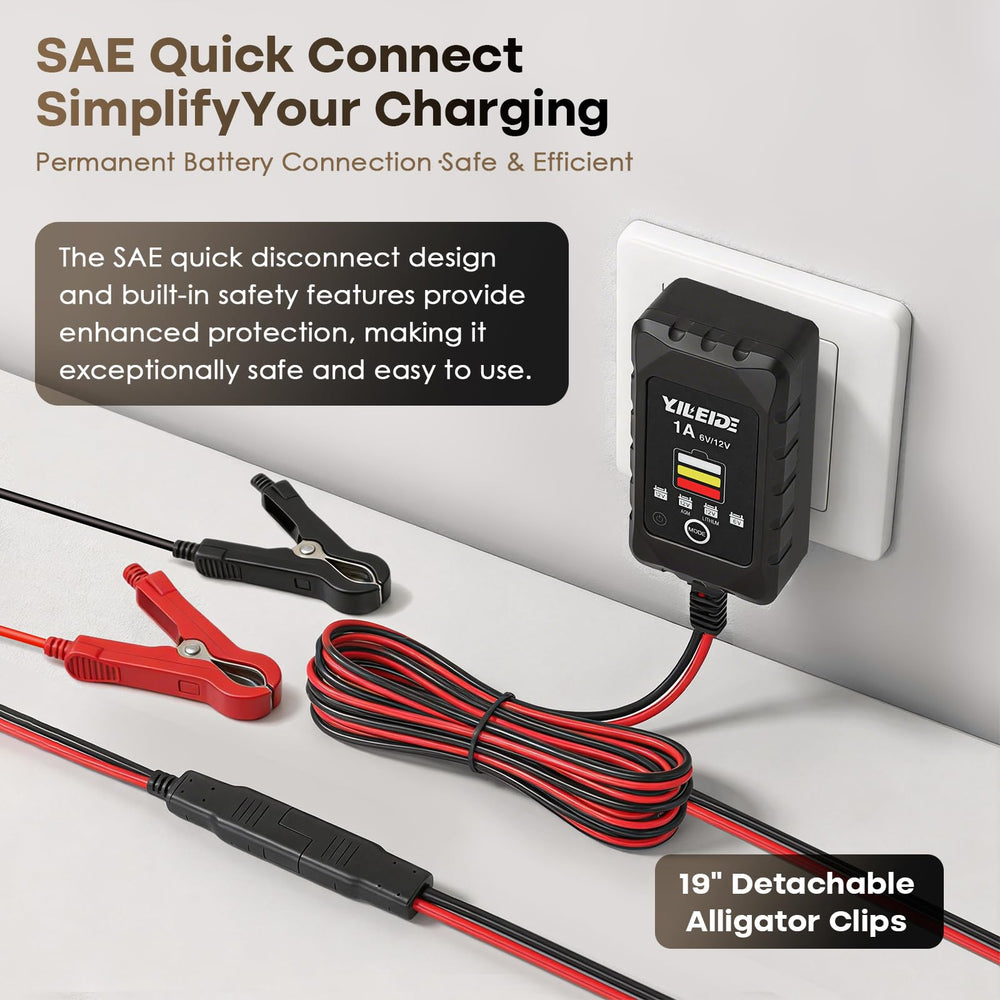 YILEIDE 1A charger provides automatic shutoff when complete.