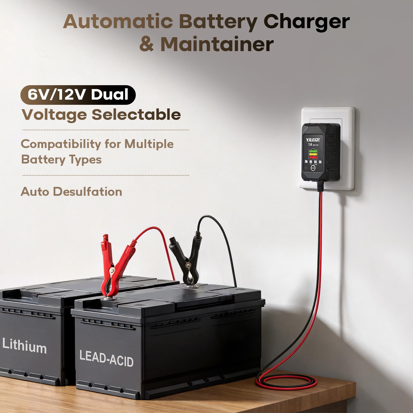 YILEIDE 1A smart charger compact design fits tight spaces.