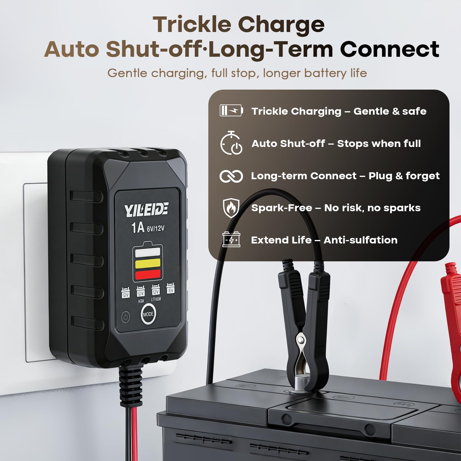 YILEIDE 1A charger features a three-color LED indicator for status.